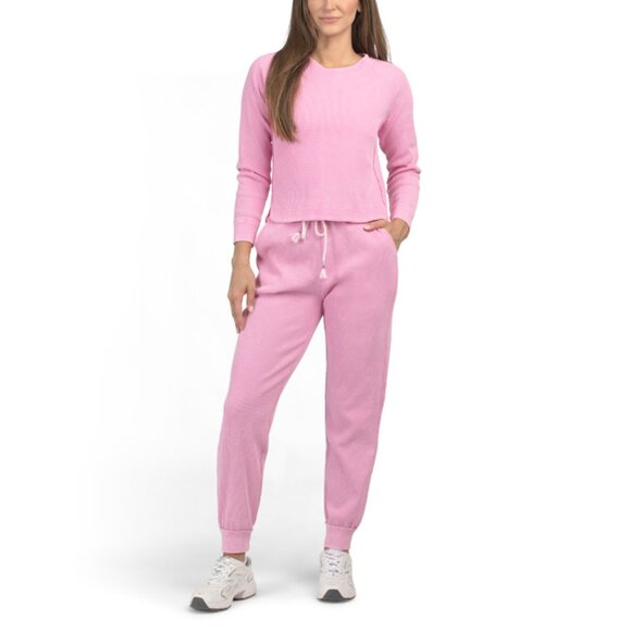 SUNNYSIDE BY SUNDRY Fuchsia Waffle Knit Long Sleeve Top With Jogger 2pc Set - Picture 1 of 2